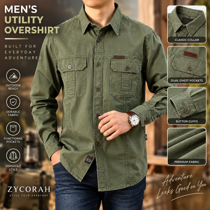 An olive green men's utility overshirt shirt modeled on a person, shown with promotional text and detail callouts on the right. The shirt has a classic collar, dual chest pockets, button cuffs, and is branded with a small ZYCORAH label near the hem.