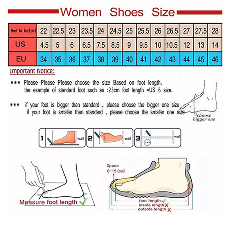 Shoe size chart for women with measurements in centimeters, US, and EU standards.